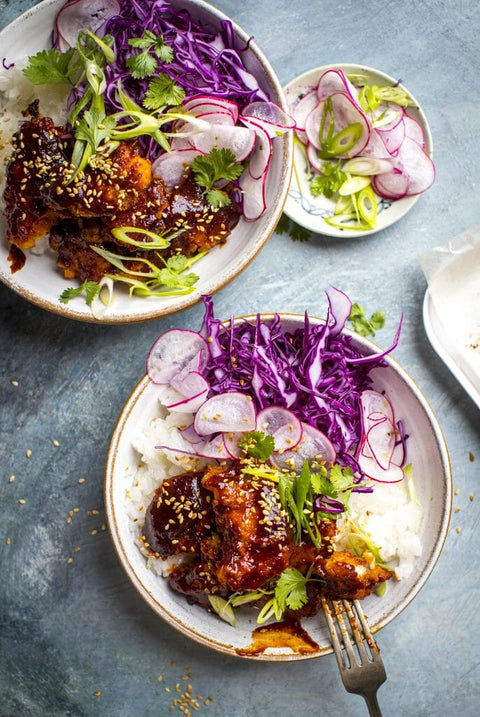 Donal Skehan's Gochujang Chicken Meatballs with Cheats Kimchi Cabbage Salad