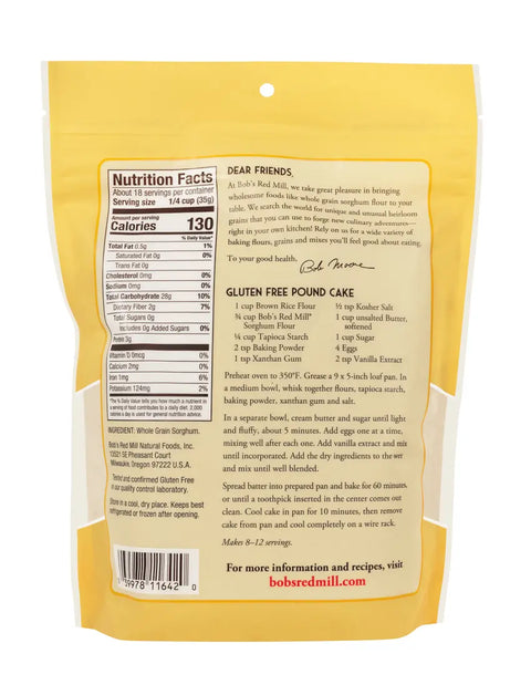 Back of a Bob's Red Mill gluten-free pound cake mix package with nutrition facts and ingredients listed.