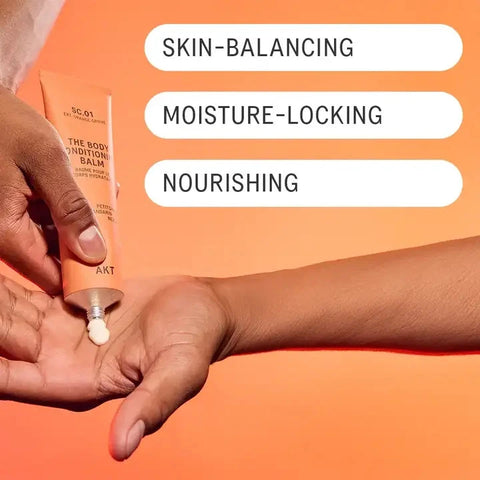 Hand applying a balm to another hand with text highlighting benefits on an orange background