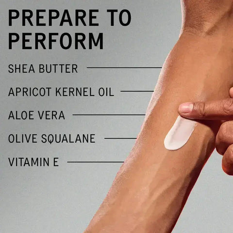 Hand applying a patch of cream to a wrist with text listing ingredients on a gray background