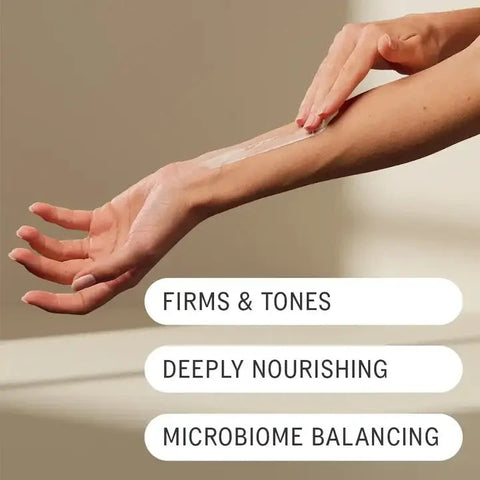 A close-up of a person's forearm and hand applying a clear cream or serum, with three white rounded text banners reading 'FIRMS & TONES', 'DEEPLY NOURISHING', and 'MICROBIOME BALANCING' over the lower half of the image.