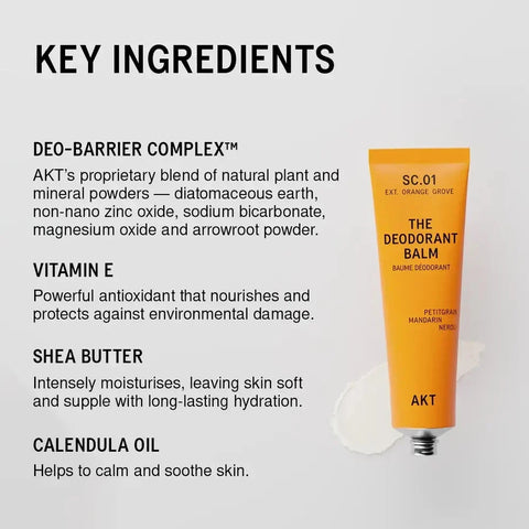 Deodorant balm with key ingredients listed on a gray background