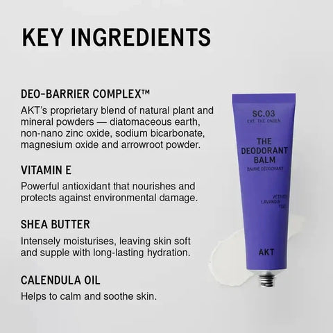 Purple deodorant balm with key ingredients listed on a gray background