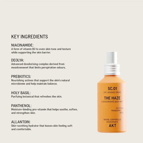 A bottle of ACT Skincare 'The Haze' body mist on a light beige background, next to text detailing its key ingredients including niacinamide, deolya, prebiotics, holy basil, panthenol, and allantoin.