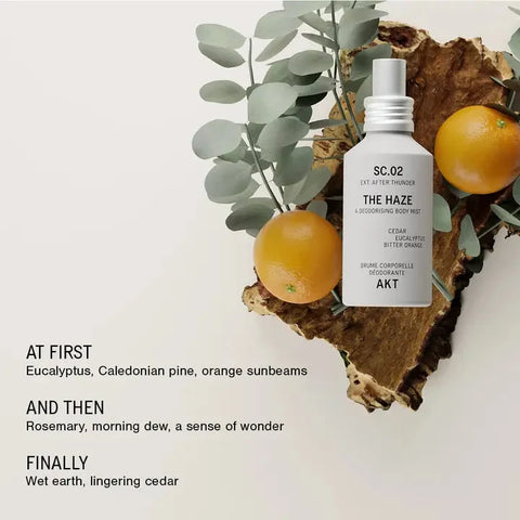 A white cylindrical body spray bottle labeled 'THE HAZE SC.02' by AKT, styled on a rustic wood slice with eucalyptus leaves and oranges, alongside scent description text on a light beige background.