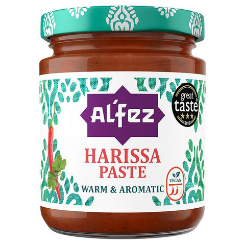 Jar of Al'fez Harissa Paste with a decorative label on a white background