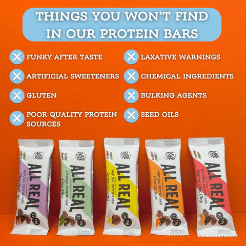 Four All Real protein bars displayed on an orange background with marketing text listing features they do not contain, such as funky after taste, laxative warnings, artificial sweeteners, gluten, and seed oils.