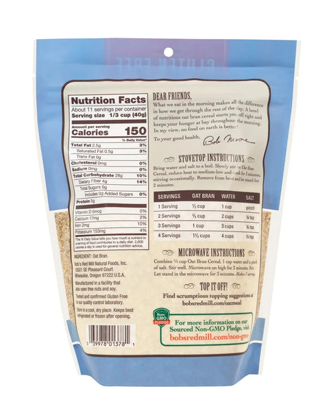 Back of a blue and kraft paper bag of Bob's Red Mill Gluten Free Flour, showing the nutrition facts panel, ingredients, and top step instructions.