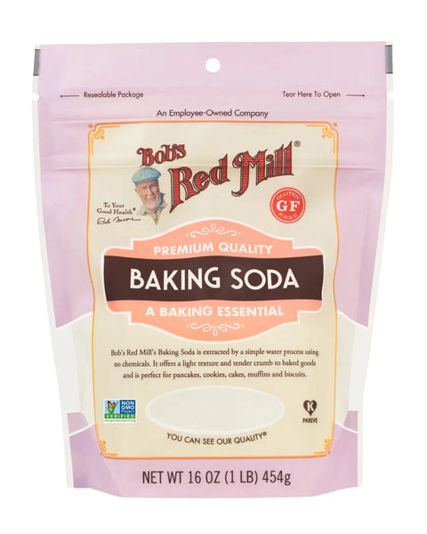Bag of Bob's Red Mill baking soda on a white background