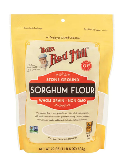 Bag of Bob's Red Mill Stone Ground Sorghum Flour on a white background