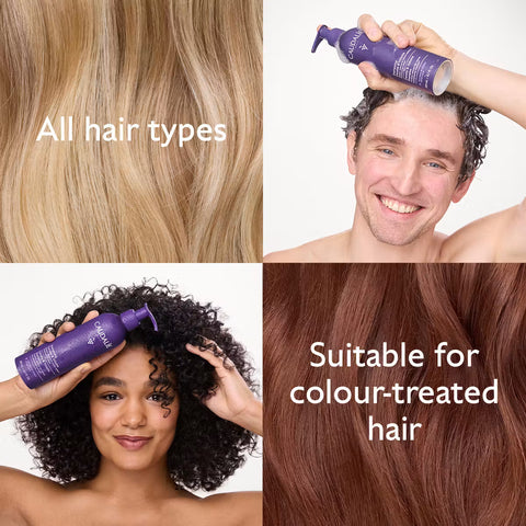 A four-panel collage showing a purple hair product bottle being used on different hair types and textures, with text reading 'All hair types' and 'Suitable for colour-treated hair'.