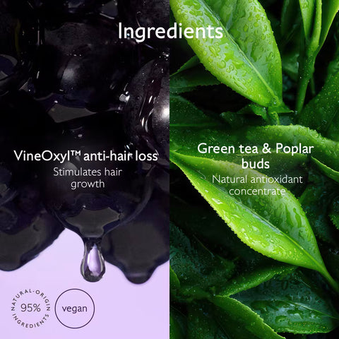 A split-screen ingredients graphic for a hair care product. The left half shows glossy black vine leaves with white text reading 'VineOxyl anti-hair loss' and a small circular 'vegan' badge on a pale lavender area.