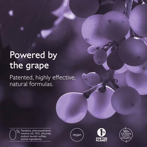 A promotional graphic with a close-up photo of purple grapes on a branch over a dark purple background. White text reads 'Powered by the grape' and 'Patented, highly effective, natural formulas.