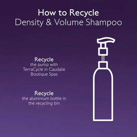 An informational graphic with a purple gradient background and white text reading 'How to Recycle Density & Volume Shampoo.' It includes a simple white outline of a pump bottle and recycling instructions, such as recycling the pump with TerraCycle and the aluminium bottle.