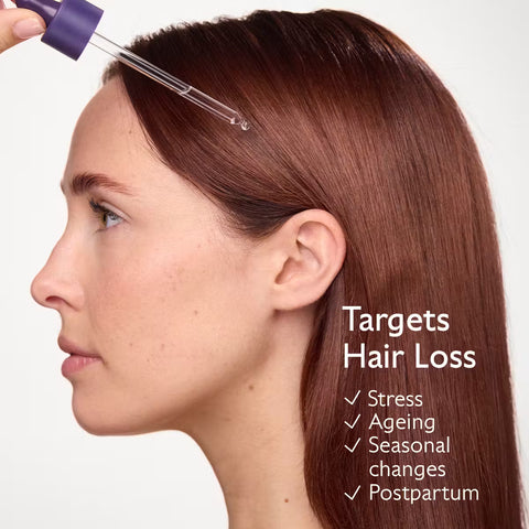 A woman in profile with long straight brown hair receives a dropper application near her hairline. White text on the right reads 'Targets Hair Loss' with bullet points for Stress, Ageing, Seasonal changes, and Postpartum.