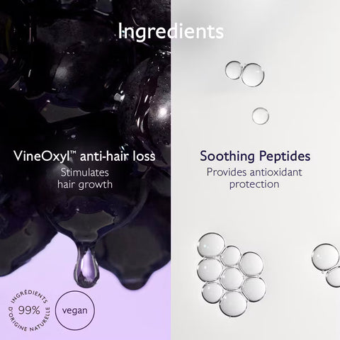 A split-screen ingredients panel for a hair care product. The left half shows dark glossy droplets on a black background with text reading 'VineOxyl anti-hair loss' and 'Stimulates hair growth,' plus a purple gradient area and a vegan badge.