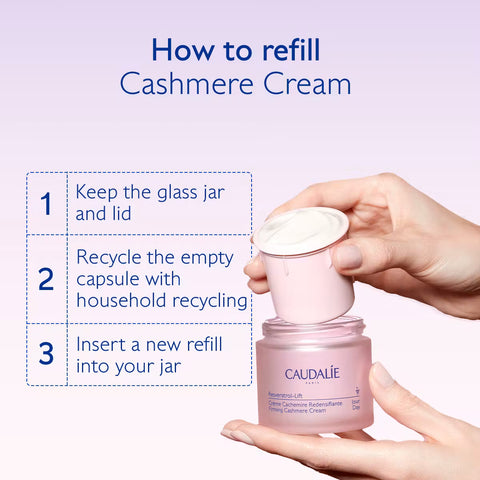 Instructional graphic showing how to refill a Caudalie Cashmere Cream jar, with text listing three steps and a hand holding the pink jar and its removed cap.