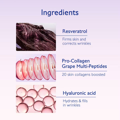 Ingredients infographic on a pale lavender background with three labeled panels: Resveratrol with a dark purple textured crop, Pro-Collagen Grape Multi-Peptides with pink grape slices, and Hyaluronic Acid with translucent pink gel circles.