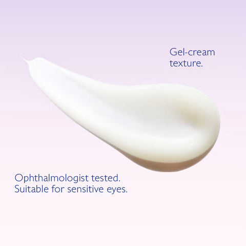 A dollop of white gel-cream shown on a soft lavender gradient background with text reading 'Gel-cream texture.' and 'Ophthalmologist tested.