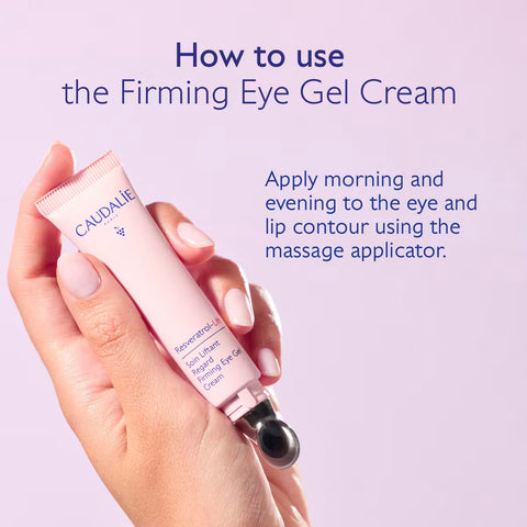 A hand holds a pink tube of Caudalie Firming Eye Gel Cream with a black rollerball applicator, set against a light lavender background with instructional text.