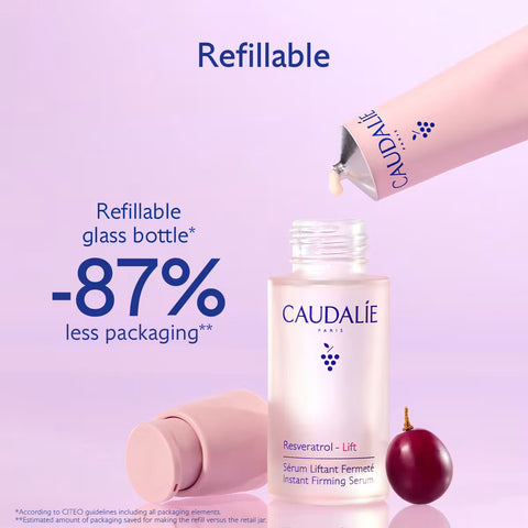 Caudalé Paris refillable glass bottle serum advertisement with a pink squeeze tube pouring serum into the bottle, plus text reading 'Refillable' and '-87% less packaging'.