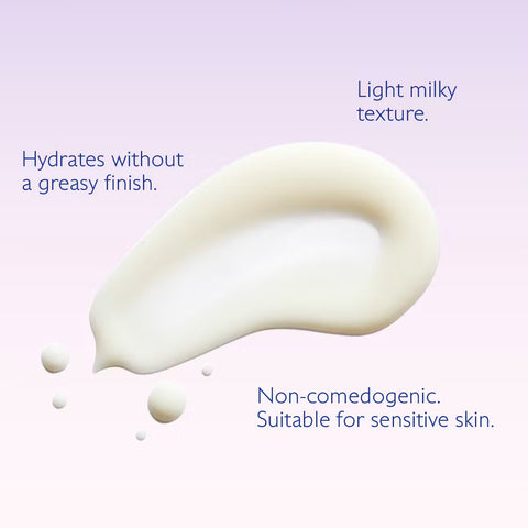 A cream-colored cosmetic smear on a pale pink background with descriptive text reading 'Light milky texture,' 'Hydrates without a greasy finish,' and 'Non-comedogenic. Suitable for sensitive skin.