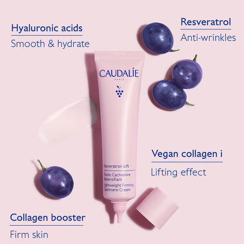 Caudalie skincare product with plums and text highlighting benefits on a pink background