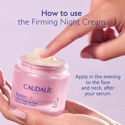 A hand applies cream from an open pink jar labeled CAUDALIE Firming Night Cream, with text instructions on a soft lavender background.
