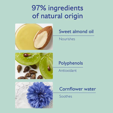 A light mint-green informational graphic with the headline '97% ingredients of natural origin' and three ingredient panels: a bowl of sweet almond oil with an almond, sliced green grapes with polyphenols, and a blue cornflower with cornflower water.