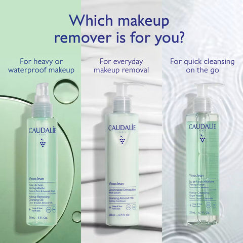 Three bottles of Caudalie Vinoclean makeup remover are shown side by side with three different background designs and text labels explaining their use cases: 'For heavy or waterproof makeup,' 'For everyday makeup removal,' and 'For quick cleansing on the go.'.