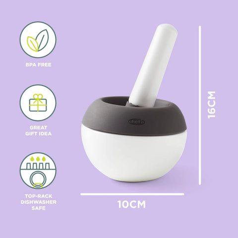A ceramic mortar and pestle set by chelt on a light purple background, featuring dimension lines indicating 16CM height and 10CM width, alongside three feature icons for BPA Free, Great Gift Idea, and Dishwasher Safe.