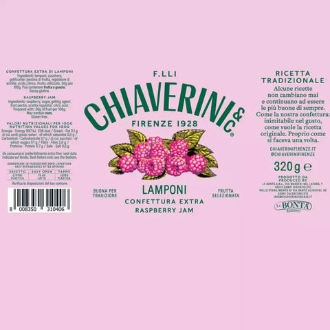 Front and back labels of F.Lli ChiaraViniFrisi Raspberry Jam (Lamponi) on a solid pink background, featuring green brand lettering, illustrations of fresh raspberries, and product details in Italian.