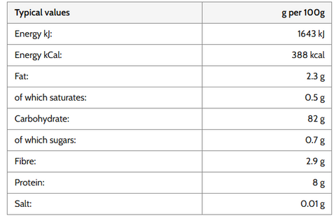 A nutrition facts table showing typical values per 100g, including energy, fat, carbohydrates, sugars, fibre, protein, and salt, with amounts in grams.