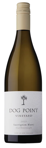 A bottle of Dog Point Vineyard 2023 Sauvignon Blanc Marlborough white wine, featuring a dark green glass bottle, a cream-colored screw cap, and a white label with black text and a small tree logo.