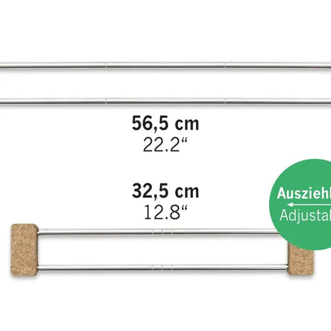 Adjustable metal bar with cork end caps, shown with dimension labels 56,5 cm and 32,5 cm, plus a green circular badge reading 'Ausziehbar Adjustierbar' on a white background.