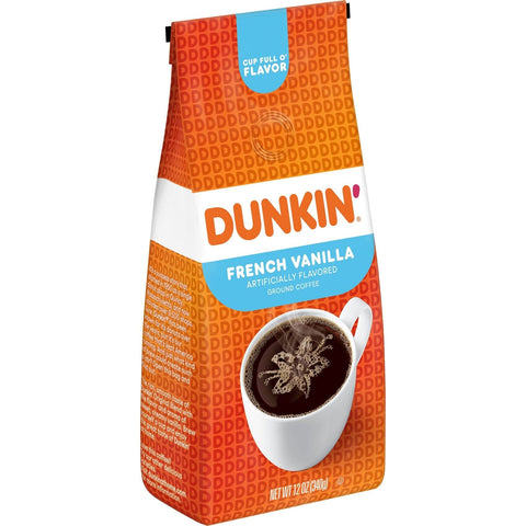Dunkin' French Vanilla coffee package on a white background