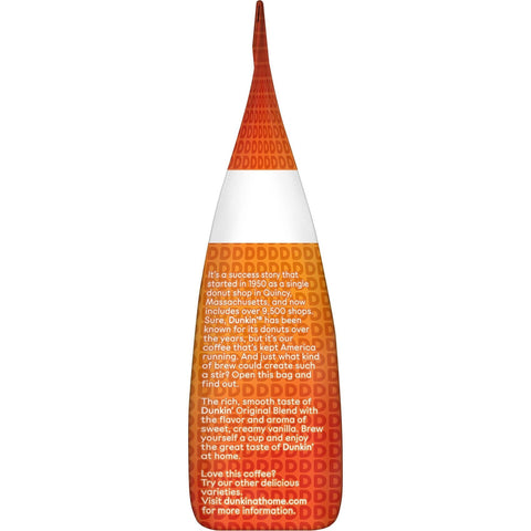 A single cone-shaped paper coffee bag with a white top section and an orange-to-red gradient lower section, featuring printed Dunkin' brand text and logos on a white background.