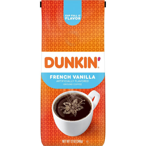 Dunkin' French Vanilla coffee package with a cup of coffee on an orange and white background