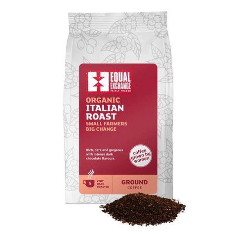 A bag of Equal Exchange Organic Italian Roast ground coffee with a small pile of the dark roasted coffee beans placed in front, on a clean white background.