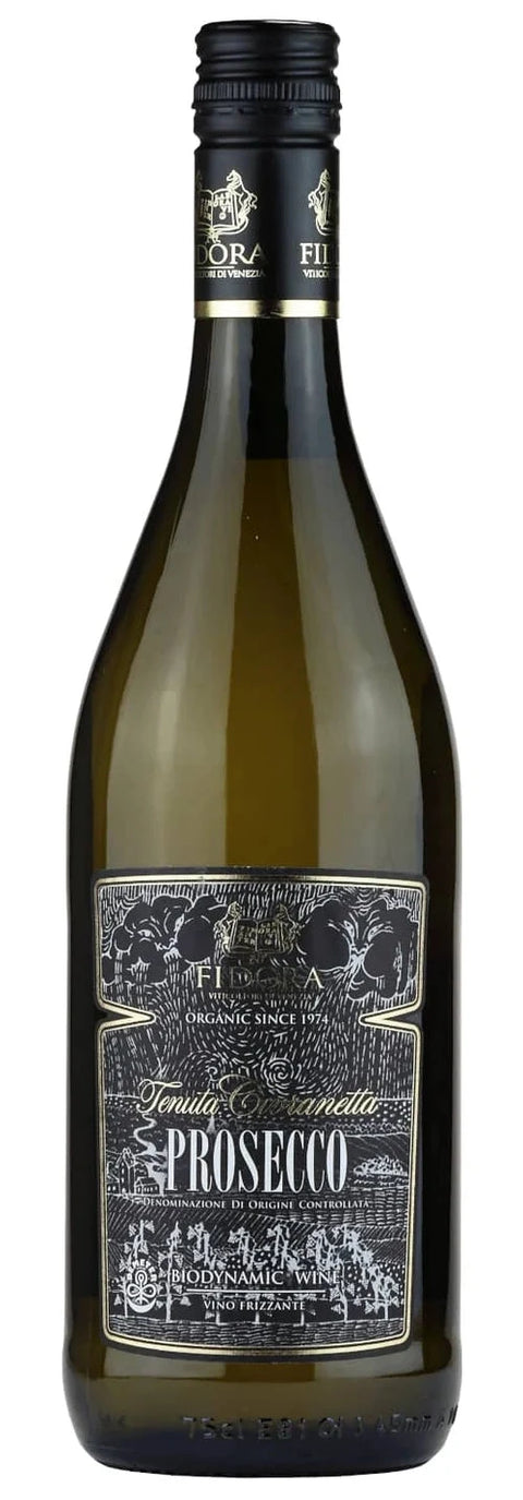 Bottle of Prosecco with a detailed label on a white background