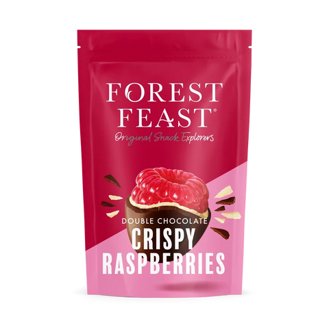 Forest Feast Double Chocolate Crispy Raspberries in a bright pink resealable stand-up pouch, featuring a raspberry-covered chocolate cookie illustration on the front.