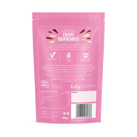 The back of a pink stand-up pouch of Bonbons Bruges Crispy Raspberries, showing product details, ingredients, nutritional information, and a barcode on a plain white background.