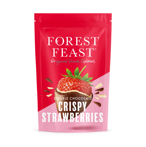 Forest Feast Double Chocolate Crispy Strawberries snack pouch on a solid white background.