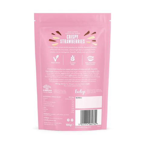 The back of a pink stand-up pouch of Bruges Organic Crispy Strawberries, showing product details, ingredients, nutritional facts, and a barcode on a white background.
