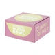 A pink and white decorative gift box with a gold label on the front, photographed against a plain white background.