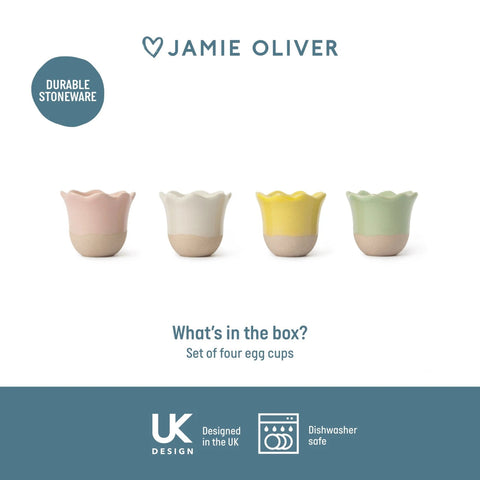 Set of four colorful ceramic egg cups with 'Jamie Oliver' branding on a white background.
