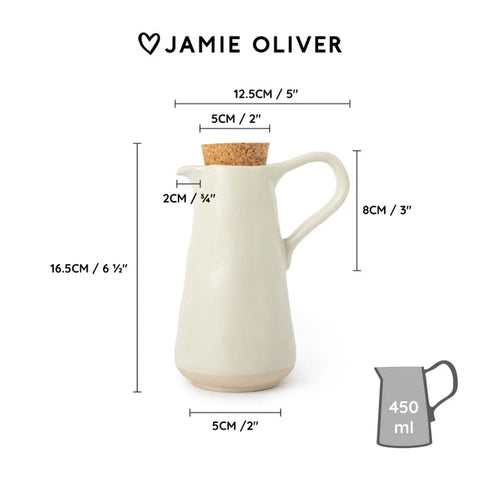 White ceramic pitcher with cork lid and measurements on a white background, featuring the Jamie Oliver logo.