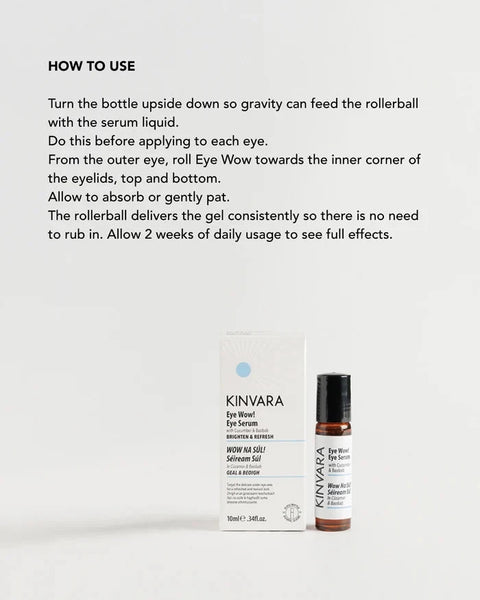 KINVARA Eye Wink Eye Serum with its white and black packaging box and a small rollerball bottle, shown below a 'HOW TO USE' instruction text on a light gray background.