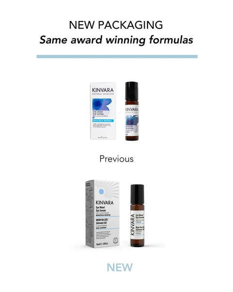 A promotional graphic showing KINVARA skincare packaging and bottles, with text reading 'NEW PACKAGING Same award winning formulas' and 'Previous' above a smaller previous product image on a white background.