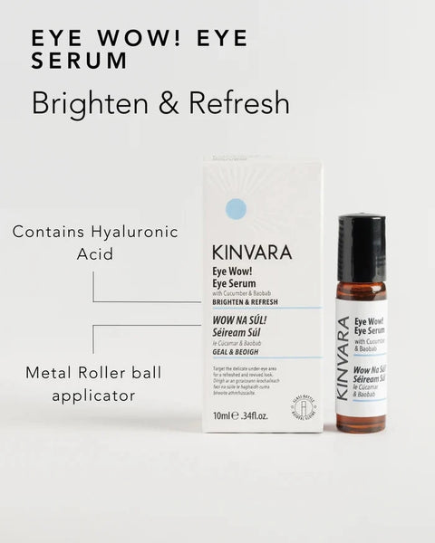 Kinvara Wow Na Soul! Seestream Sal Eye Serum shown with its white box and a small amber bottle with a black rollerball applicator on a light gray background. Text on the image highlights the product and mentions hyaluronic acid and the metal roller ball applicator.